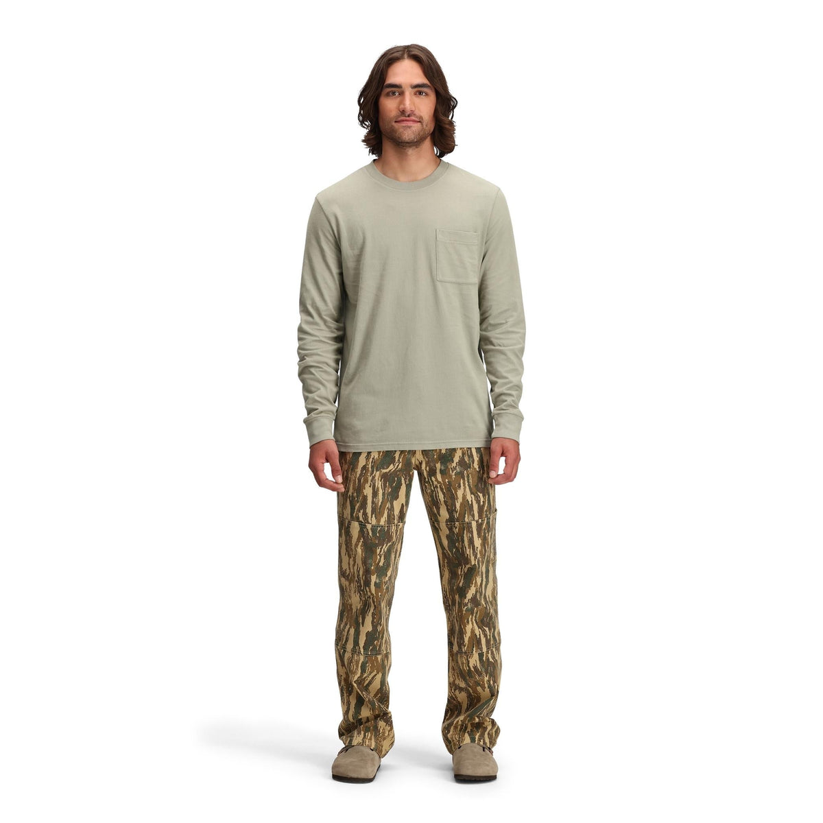 Front model shot of Topo Designs Dirt Pocket Tee Long Sleeve - Men's in "Dried Sage"