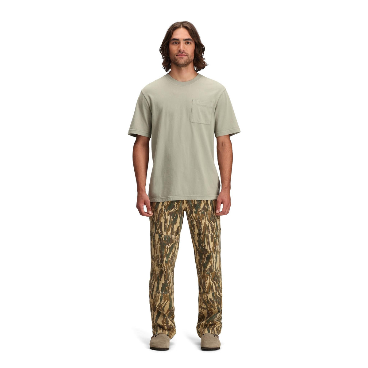 General front model shot of Topo Designs Dirt Pocket Tee - Men's in "Dried Sage"