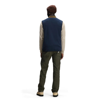 General back model shot of Topo Designs Vista Lightweight Fleece Vest - Men's in "Midnight / Desert Palm"
