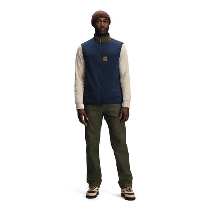 General front model shot of Topo Designs Vista Lightweight Fleece Vest - Men's in "Midnight / Desert Palm"