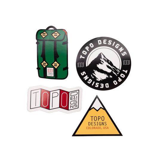 Topo Designs Sticker 4-Pack showing "Mountain Klettersack" variant.