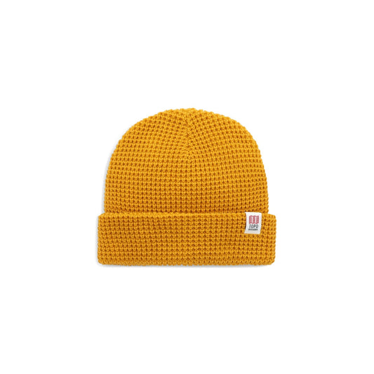 Front View of Topo Designs Waffle Knit Beanie in "Mustard"
