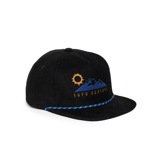 Front quarter white background image of Topo Designs Corduroy Trucker Hat Alpine View in "Black"