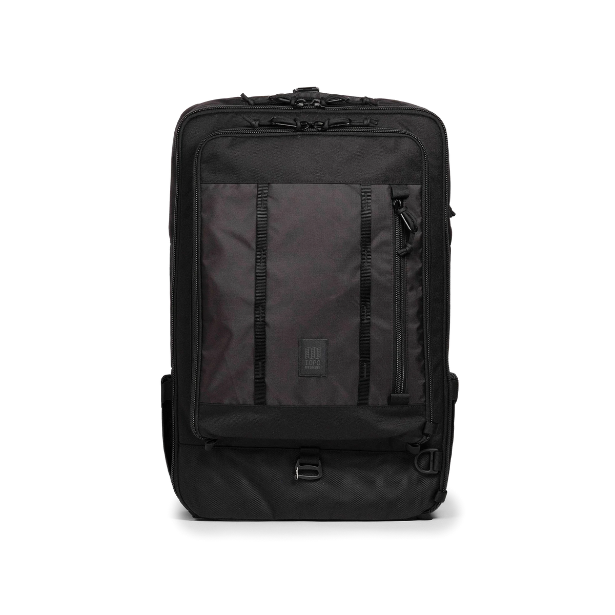 Front view of Topo Designs Global Travel Bag 40L in "Black / Black"