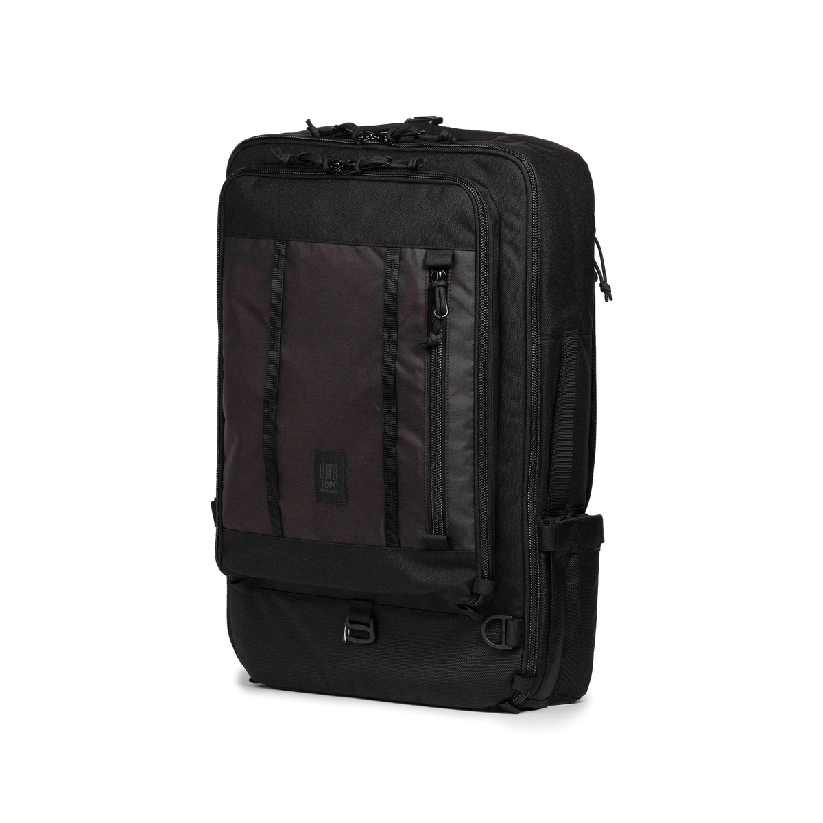 Front quarter view of Topo Designs Global Travel Bag 40L in "Black / Black"