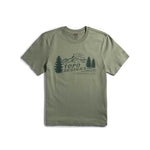 Front flat lay image on white background of Topo Designs Mountain Scene Tee - Men's in "Oil Green"