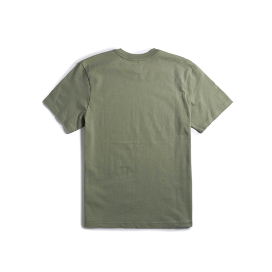 Back flat lay image on white background of Topo Designs Mountain Scene Tee - Men's in "Oil Green"