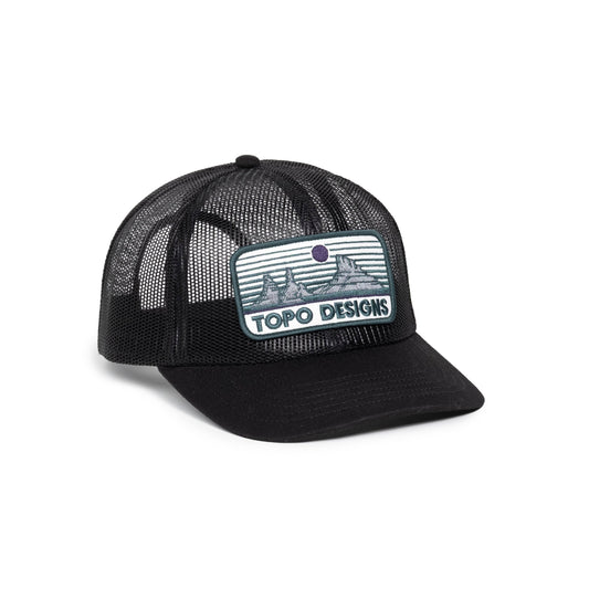 Front white background quarter image of Topo Designs Patch Mesh Trucker - Desert Dusk in "Black"