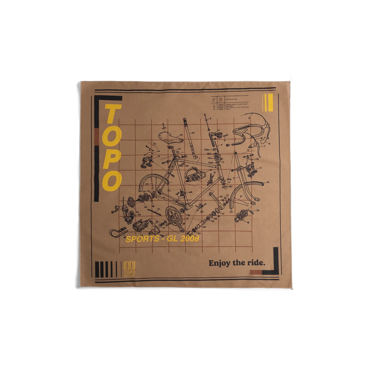 Front flay lay image of Topo Designs x Pine Printshop Enjoy The Ride Bandana in "Sand"